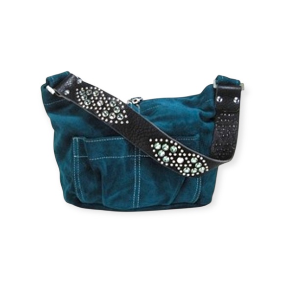 new Tylie Malibu ᪣ Utility Suede Hobo Bag ᪣ Crystal Embellish Strap ᪣ Teal Blue - Picture 1 of 16